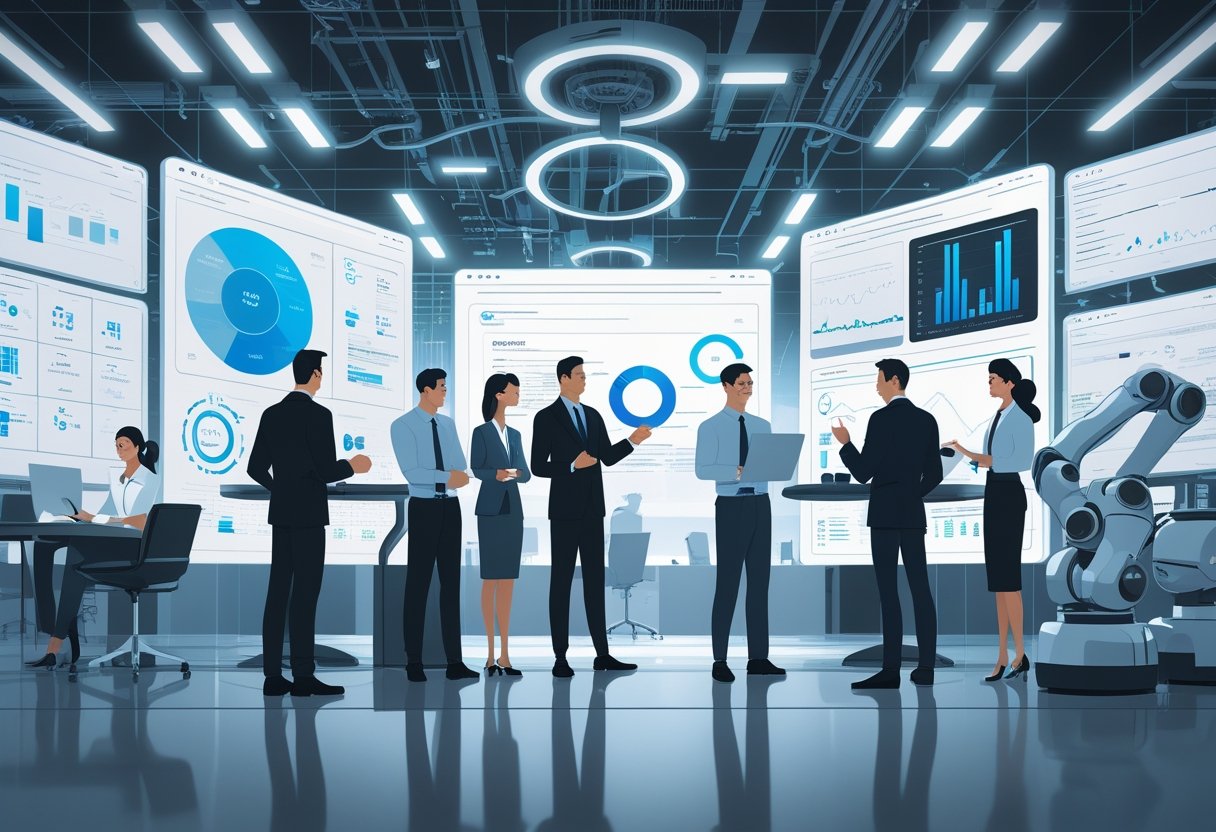 A modern office with professionals collaborating around digital screens showing data and AI workflows, with robotic machinery operating alongside humans.
