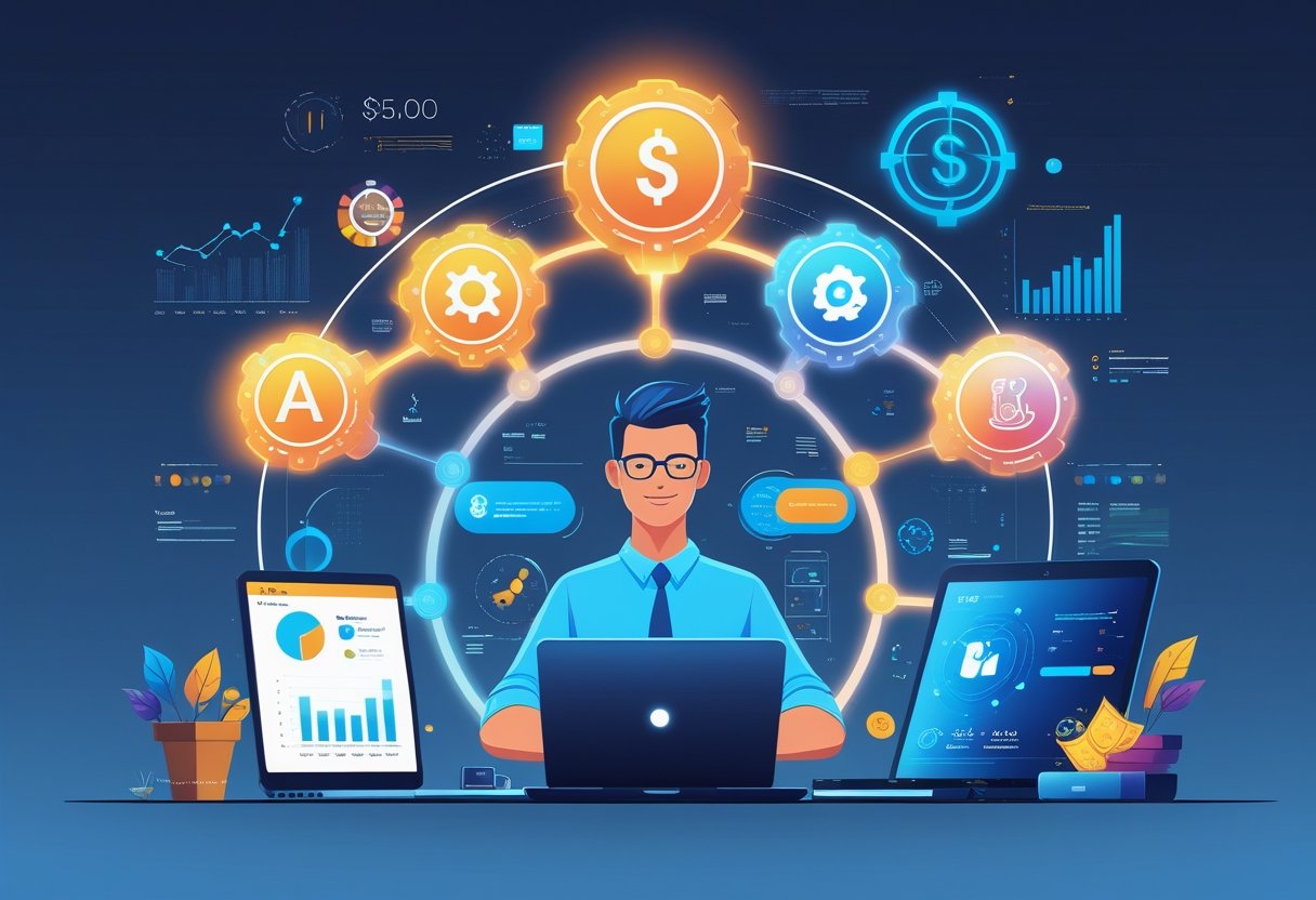 A small business owner working at a desk surrounded by five glowing icons representing different AI tools, with charts and clocks in the background symbolizing efficiency and savings.