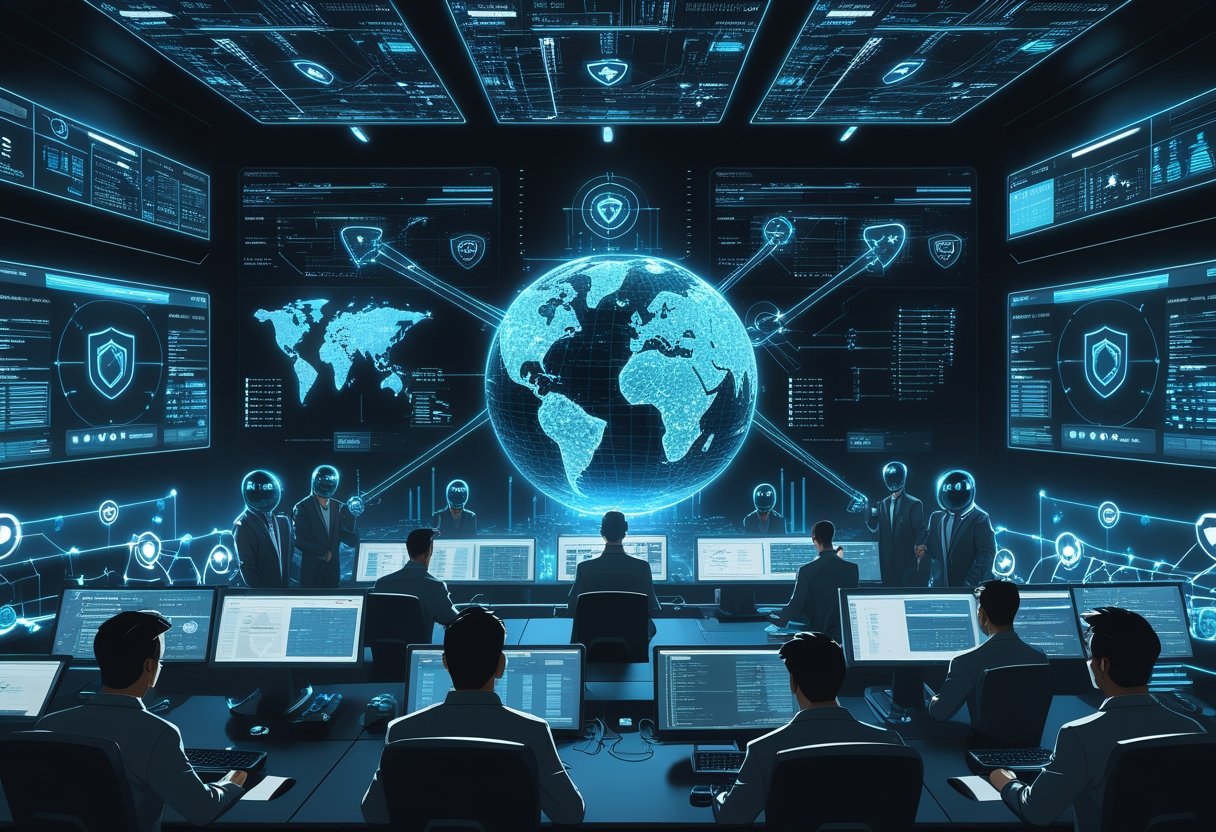 A team of cybersecurity experts monitors holographic screens with digital data and AI robots assisting, protecting a digital globe from cyber threats in a futuristic control room.