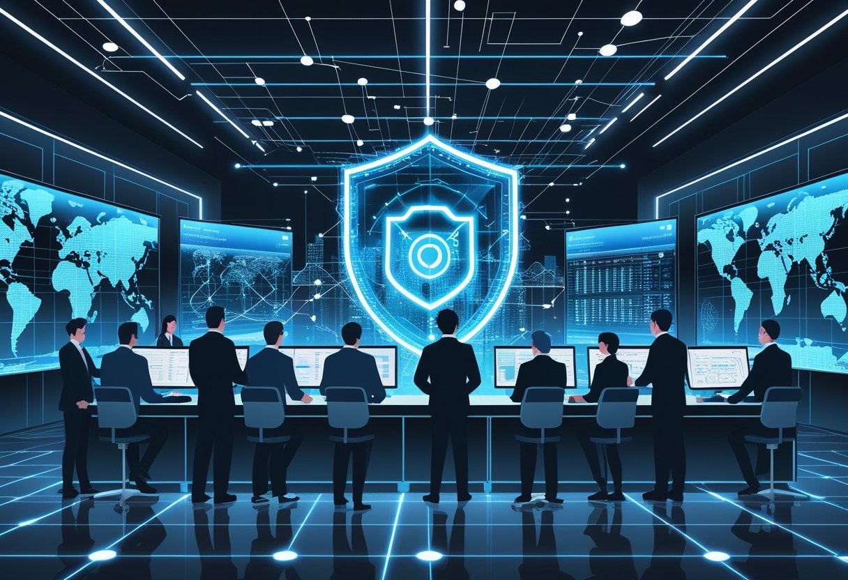 A group of professionals in a futuristic control room analyzing holographic cybersecurity data with a glowing digital shield symbolizing protection against hackers.