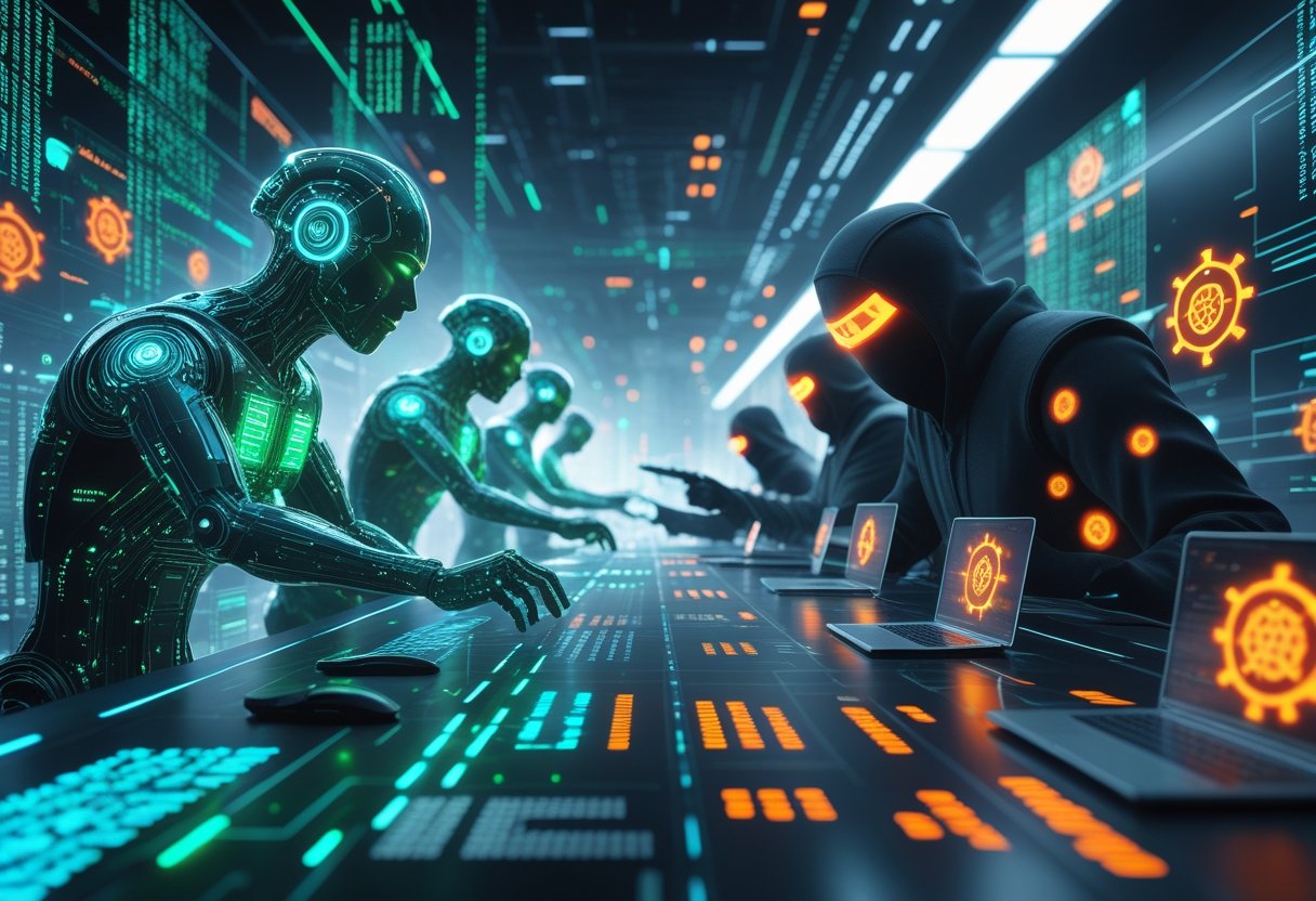 A futuristic digital battlefield showing AI figures defending against hackers amid glowing holographic interfaces and floating code in a high-tech cityscape.