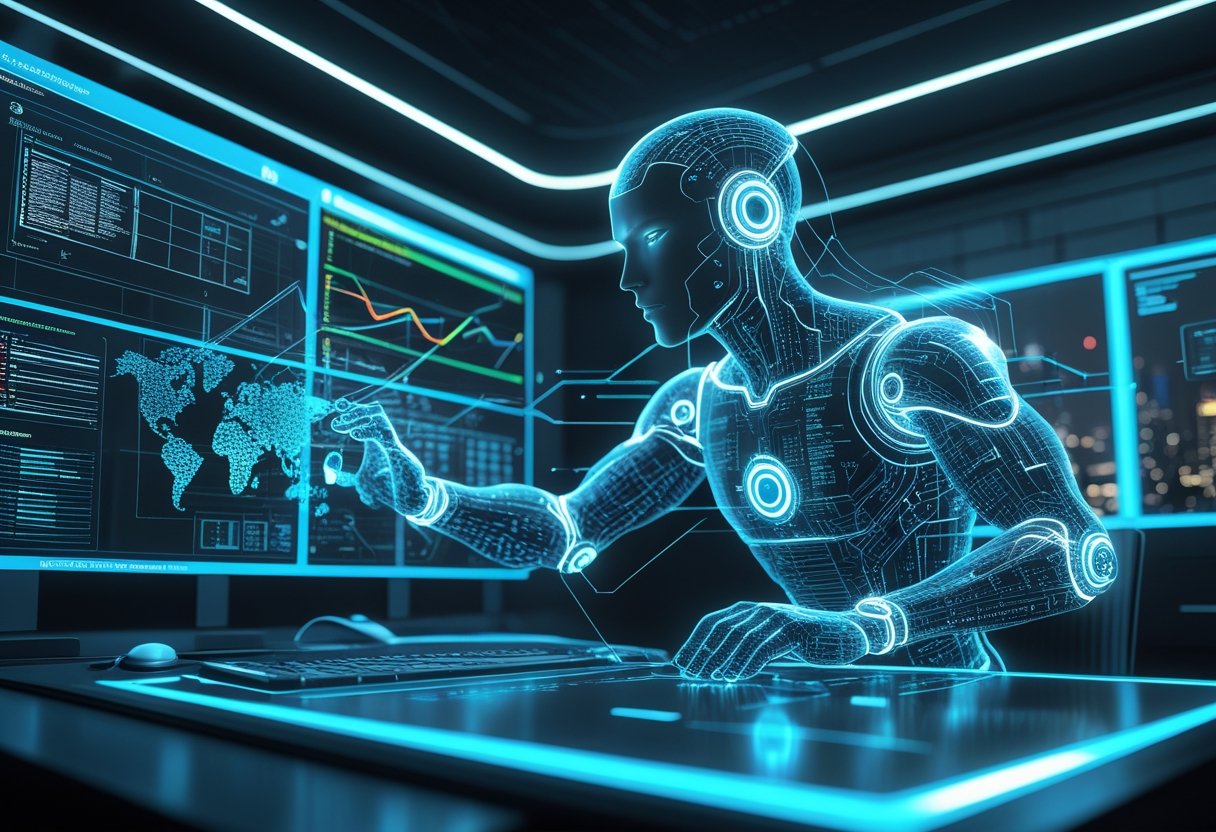 A futuristic control room where an AI figure uses holographic screens to stop cyber attacks in a digital cityscape at night.