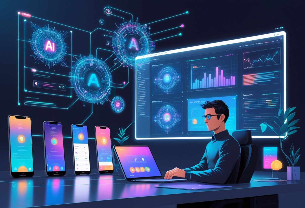A developer working at a desk surrounded by iOS devices and holographic AI elements representing app development powered by artificial intelligence.