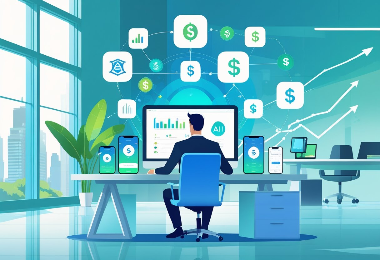An entrepreneur working at a desk with an iPhone, surrounded by symbols of app development, AI technology, and financial growth in a modern office.