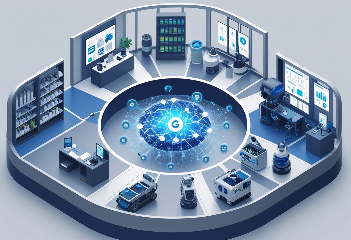 Five different business environments showing AI technology transforming retail, healthcare, manufacturing, marketing, and logistics, centered around a glowing AI core.