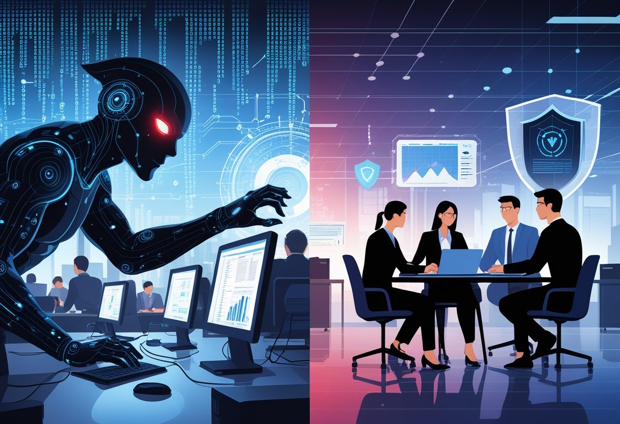 A scene showing an AI figure attempting to hack a business on one side, and business professionals using technology to protect their company on the other.
