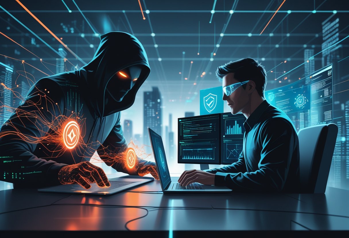 A cybersecurity expert monitors AI-driven defense systems blocking digital attacks from a shadowy figure using machine learning techniques, set against a futuristic digital network background.