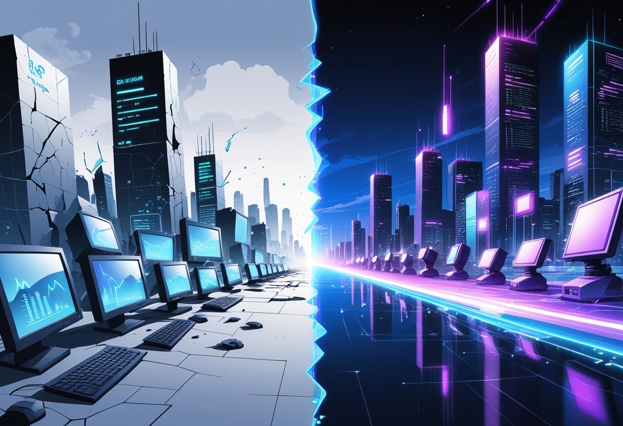 A cityscape transitioning from a broken, outdated tech environment to a vibrant futuristic city with robots and glowing data streams connected by a bright energy wave.