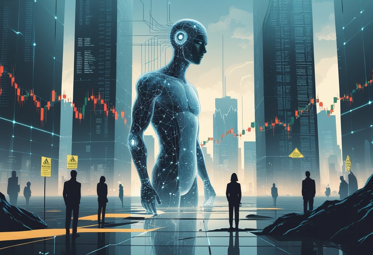 A futuristic city with digital elements and a translucent humanoid figure made of neural network patterns, surrounded by subtle symbols of caution and instability.