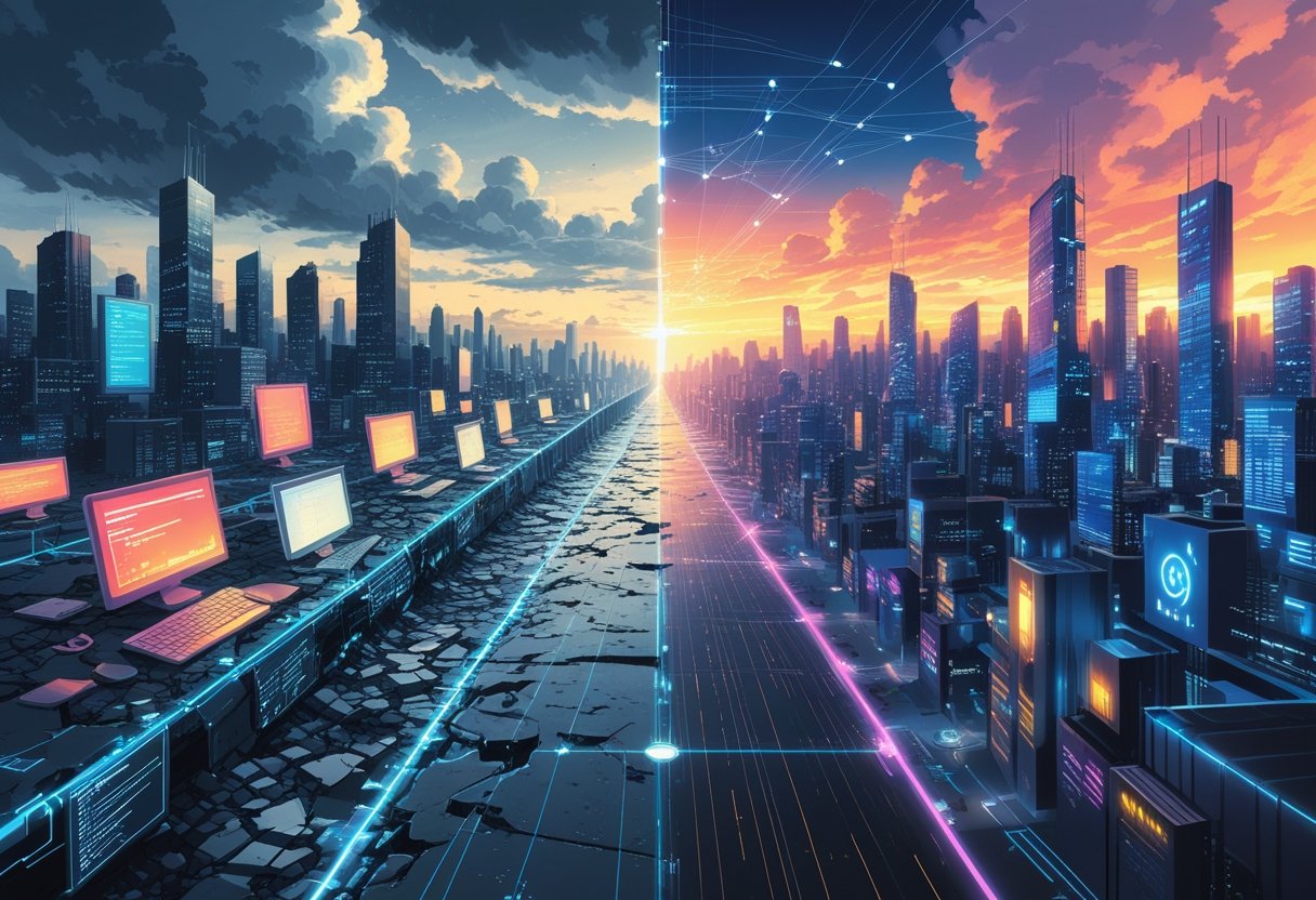 A cityscape split between a collapsing digital world and a bright, futuristic metropolis connected by a glowing neural network bridge under a sky transitioning from stormy clouds to sunlight.