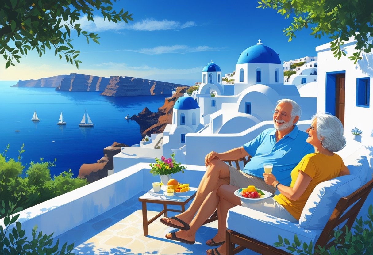 An older American couple relaxing on a terrace overlooking blue-domed buildings and the sea in Greece, surrounded by olive trees and flowers.
