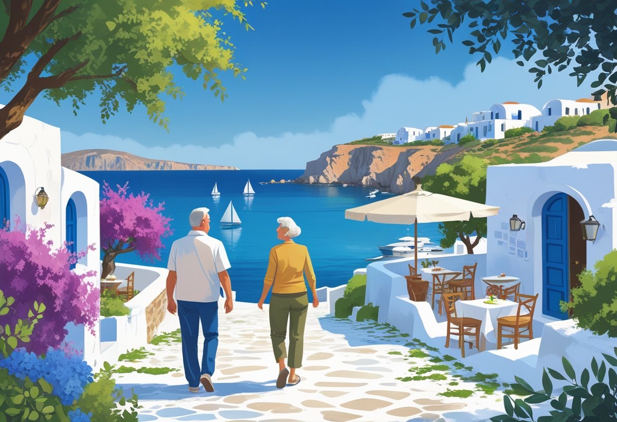 An older American couple walking along a coastal Greek village with white buildings, blue domes, olive trees, and sailboats on the sea.