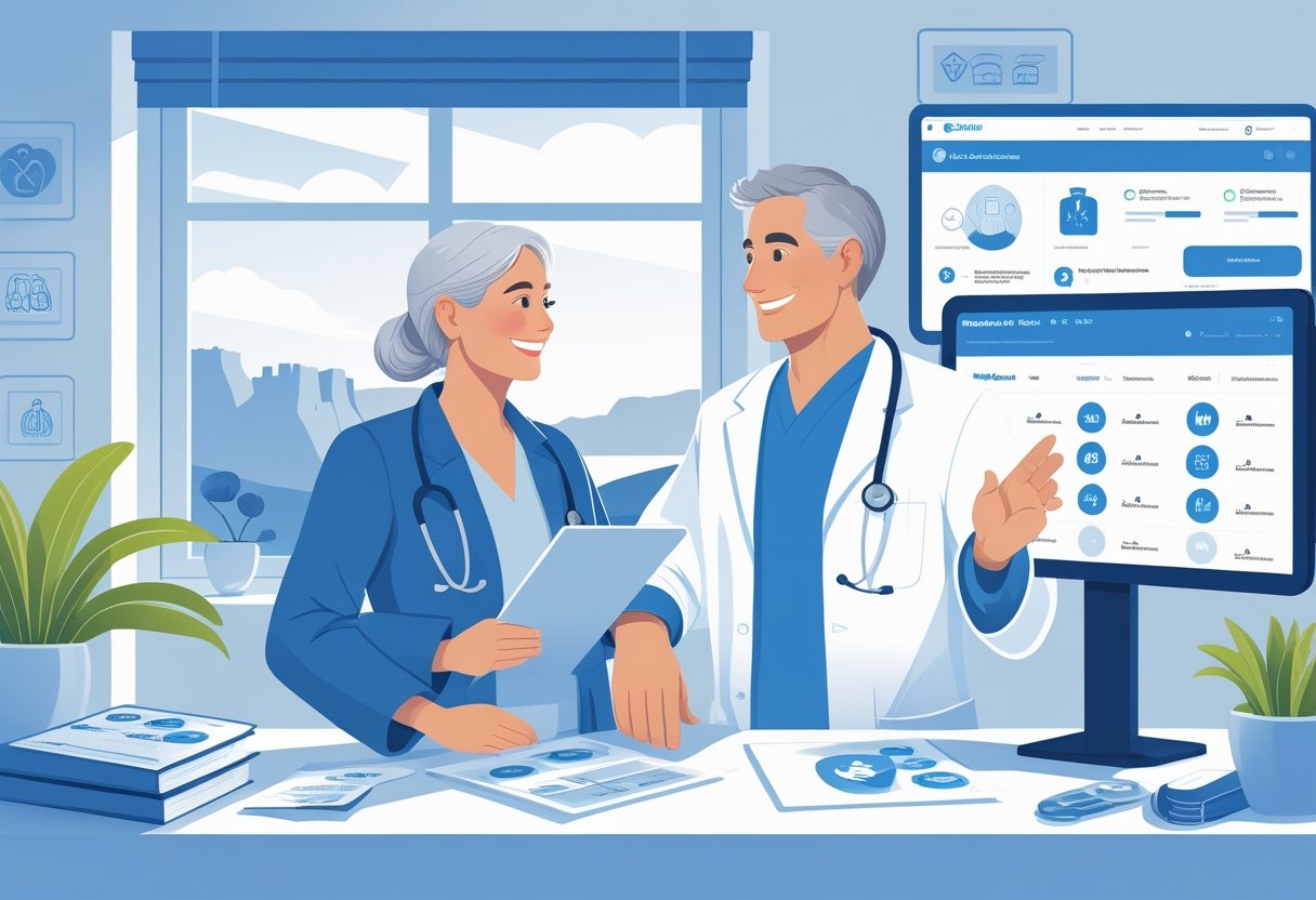 An American retiree couple consulting a Greek healthcare professional in a medical office with a view of the Acropolis in the background.