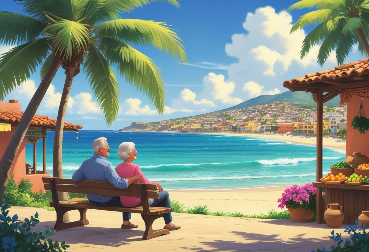 An older couple sitting on a bench by the beach in a colorful Mexican coastal town with palm trees and market stalls nearby.