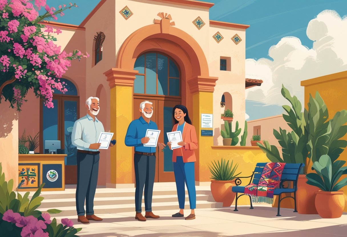 A mature American couple receiving assistance with residency paperwork at a Mexican immigration office, surrounded by colorful cultural elements.